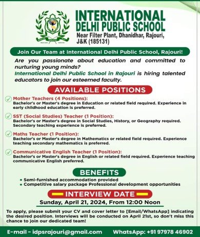Teachers Job at International Delhi Public School (IDPS) in Rajouri, Jammu & Kashmir