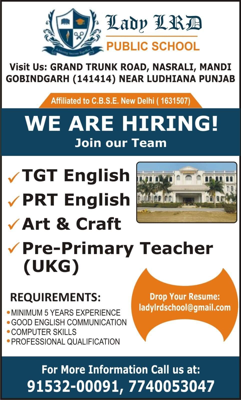 Teacher Jobs At Lady LRD Public School Gobindgarh, Punjab