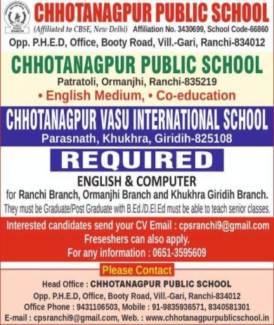 Teachers Job at Chhotanagpur Public School, Ranchi