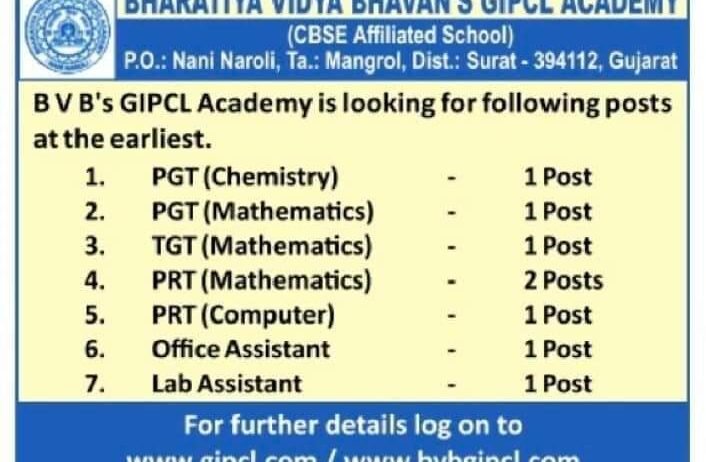 Teacher Job in BHARATIYA VIDYA BHAVAN’S GIPCL ACADEMY, Surat, Gujarat