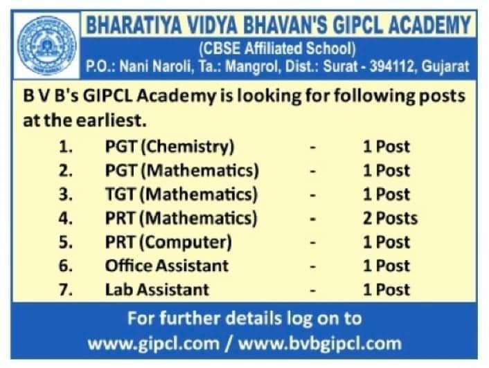Teacher Job in BHARATIYA VIDYA BHAVAN’S GIPCL ACADEMY, Surat, Gujarat