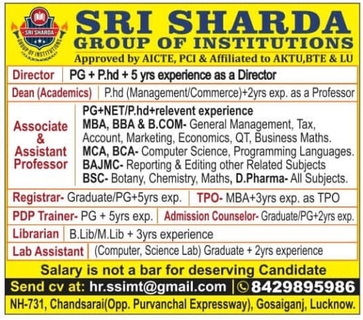 TEACHER JOBS!! in-Gosaiganj, Lucknow at SRI SHARDA  GROUP OF INSTITUTIONS