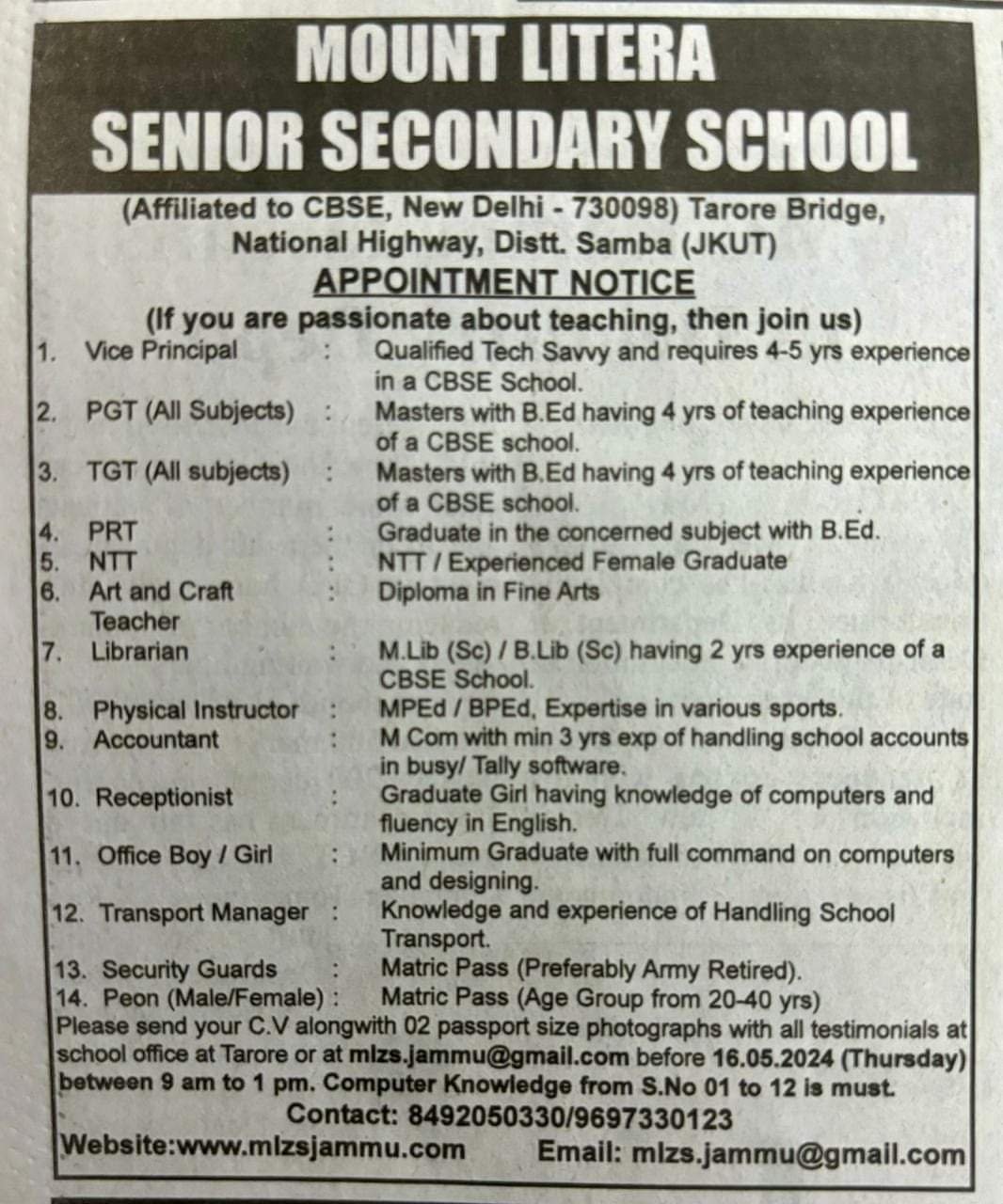 TEACHER JOBS!! in Patna, Bihar at MOUNT LITERA SENIOR SECONDARY SCHOOL