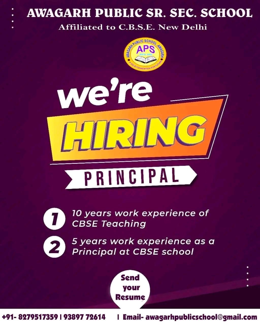 TEACHER JOBS!! in- Abhairajpur, Uttar Pradesh at AWAGARH PUBLIC SR. SEC. SCHOOL