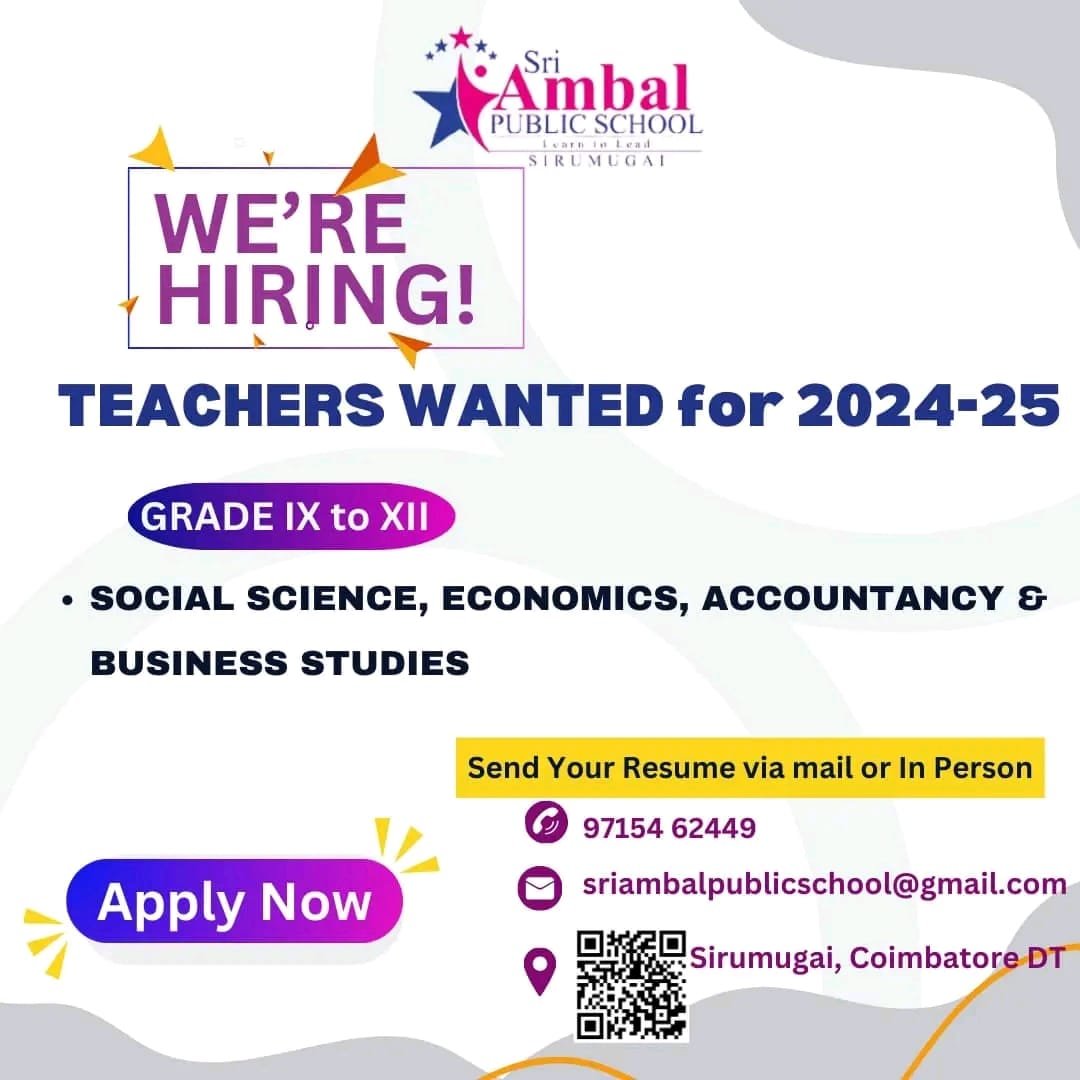 TEACHER’S JOB AT Sri Ambal PUBLIC SCHOOL,Sirumugai, Tamil Nadu