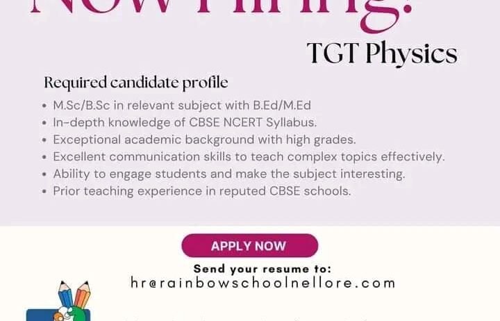 TEACHERS JOB AT Rainbow School, Activity Village, Kalivelapalem, Via Dhanalakshmipuram, Nellore, Andhra Pradesh