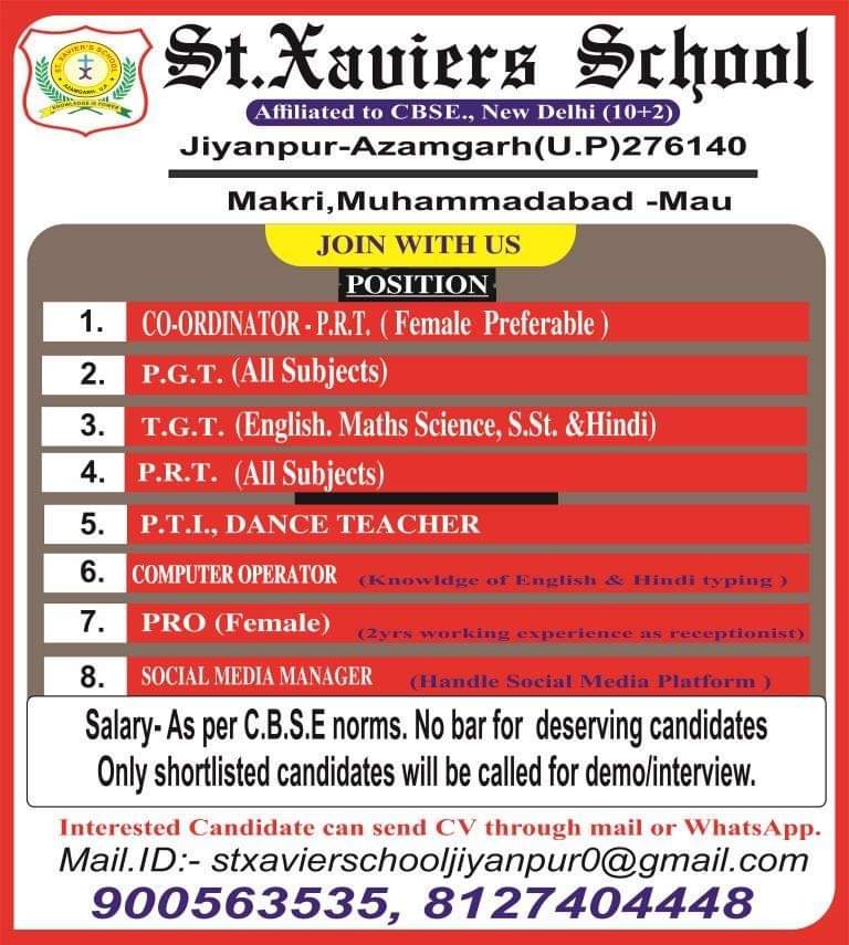 TEACHERS JOB AT St. Xaviers School,Jiyanpur-Azamgarh (U.P) 276140, Makri, Muhammadabad – Mau