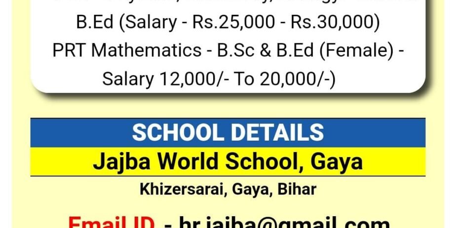 Hiring for Teachers at Jajba World School, Gaya, Bihar