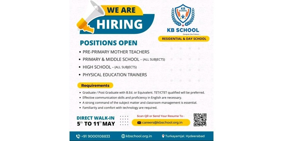 Teachers Job in KB School,Turkayamjal, Hyderabad, Telangana