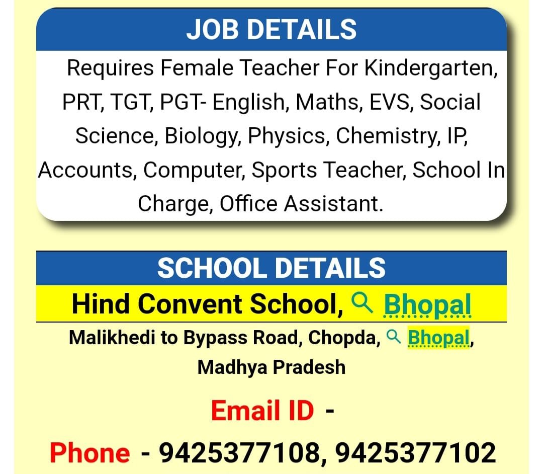 Teachers Job in Hind Convent School, Bhopal