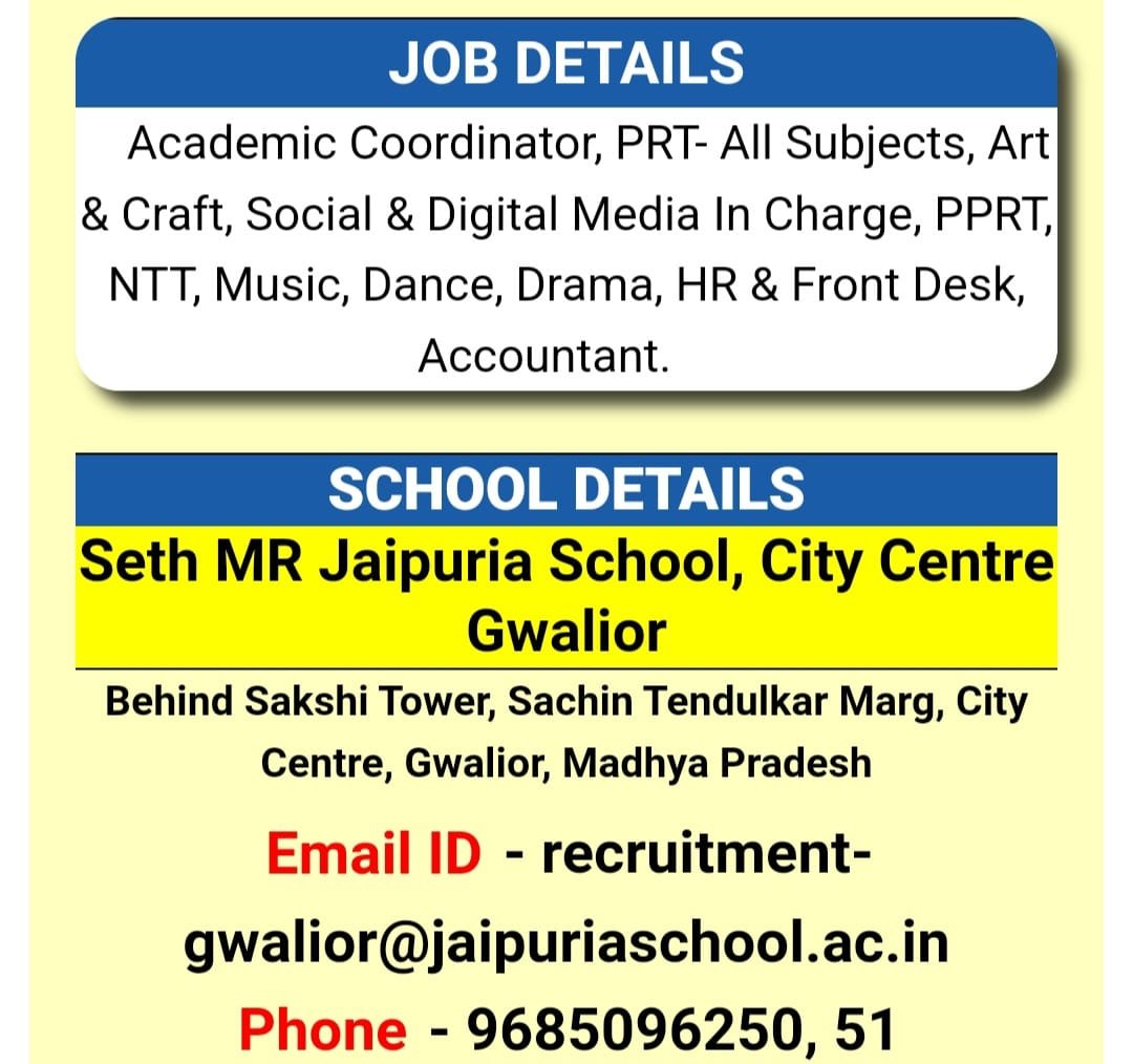 Teachers Job in Seth MR Jaipuria School, City Centre Gwalior