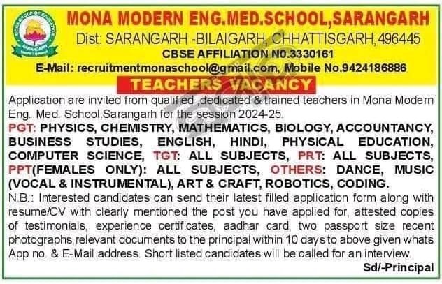 Teachers Job in Mona Modern Eng. Med. School, Sarangarh, Chhattisgarh