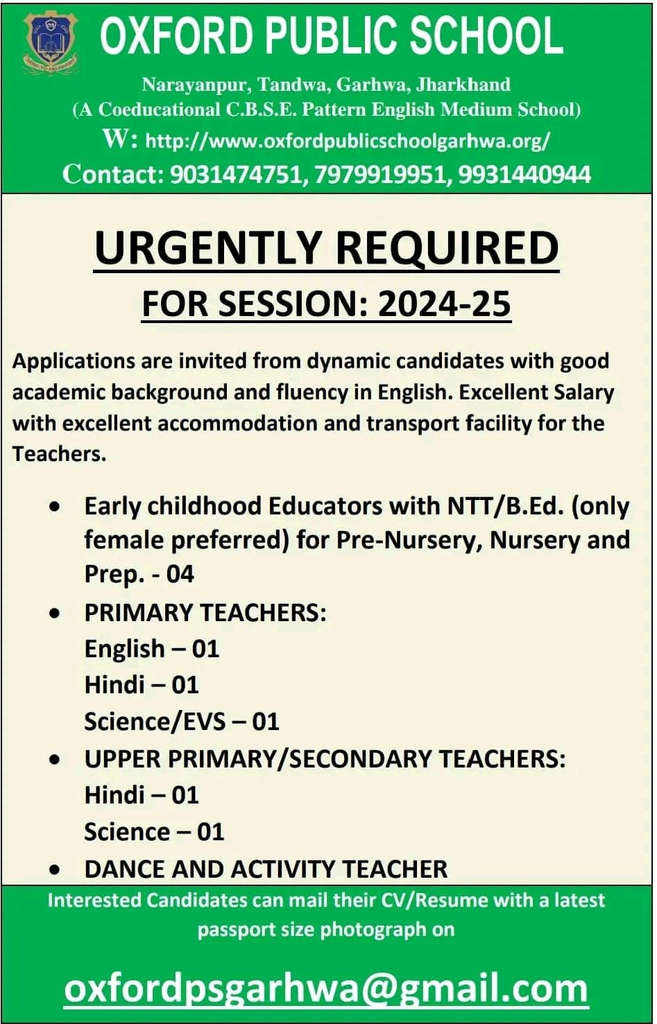 Teacher Hiring in !! OXFORD PUBLIC SCHOOL ,Garhwa,Jharkhand