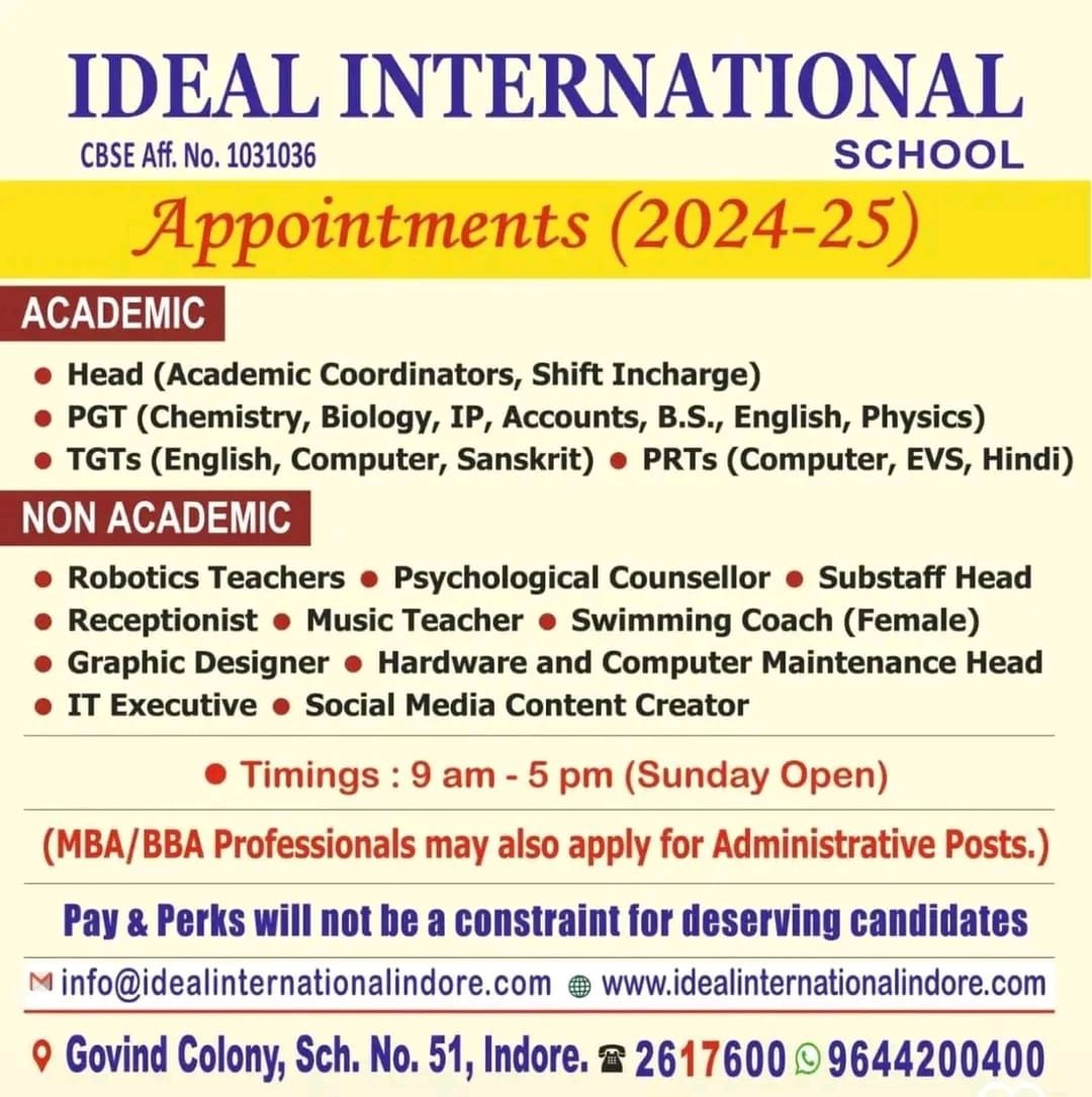 Teachers Job Openings in Ideal International School, Indore, Madhya Pradesh
