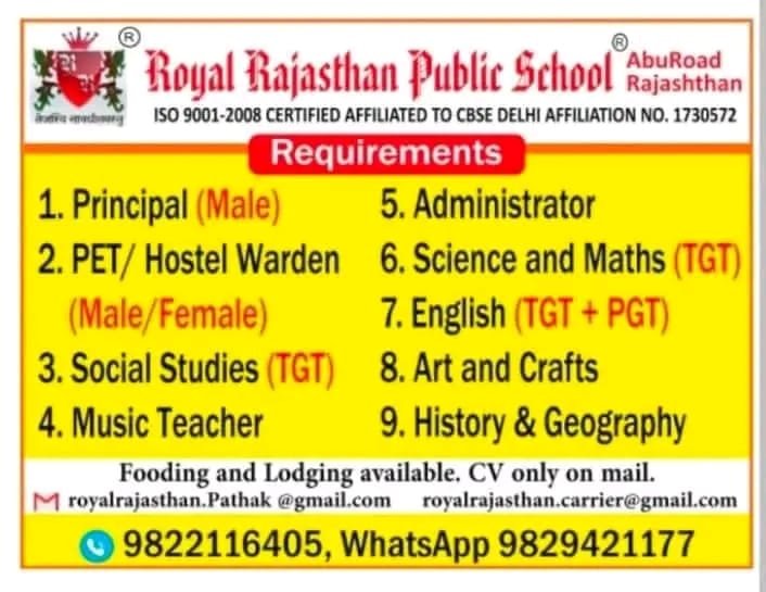 TEACHER HIRING! At Royal Rajasthan Public School, Sirohi , Rajasthan