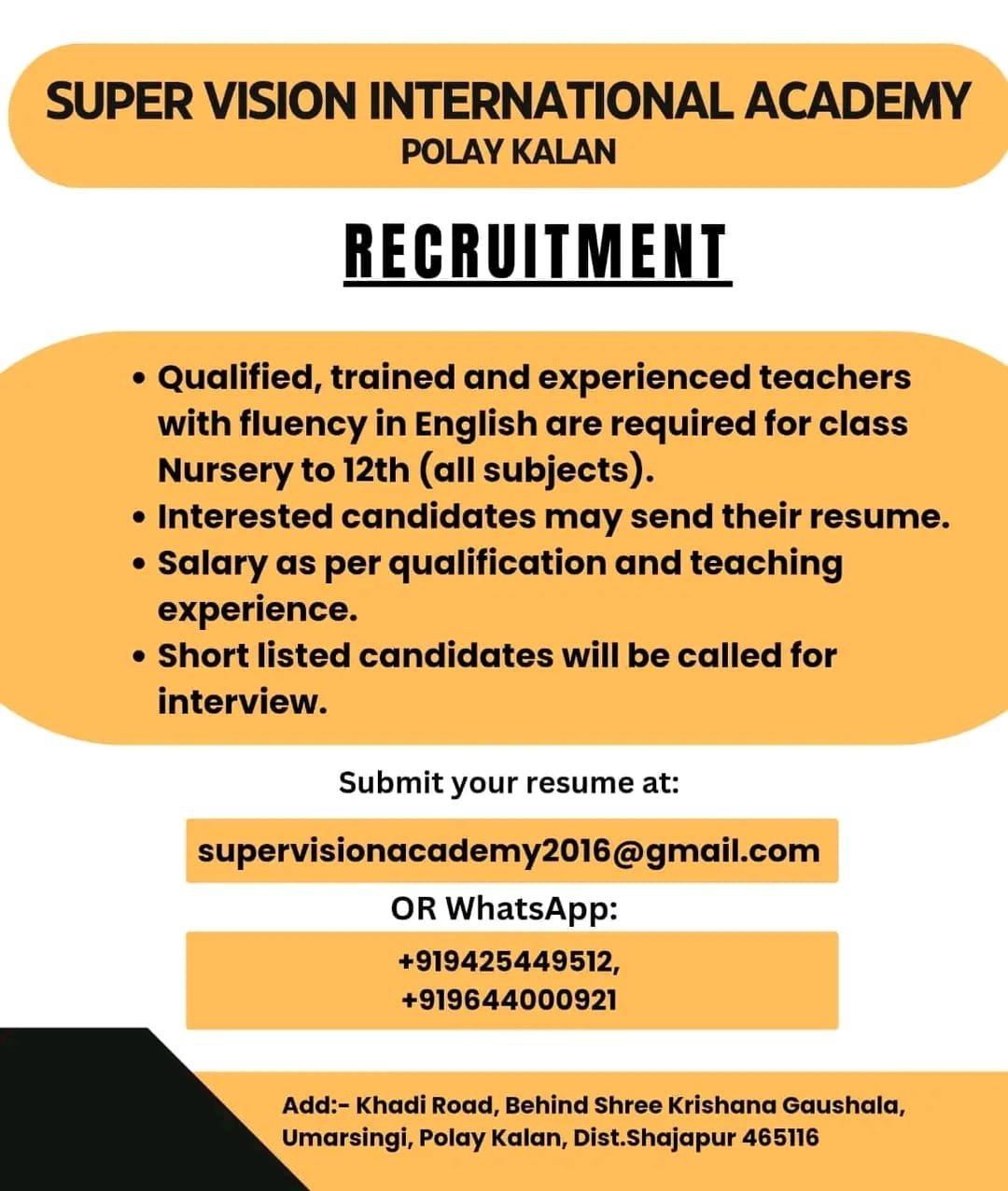 Teacher Hiring in!! SUPER VISION INTERNATIONAL ACADEMY Polay Kalan