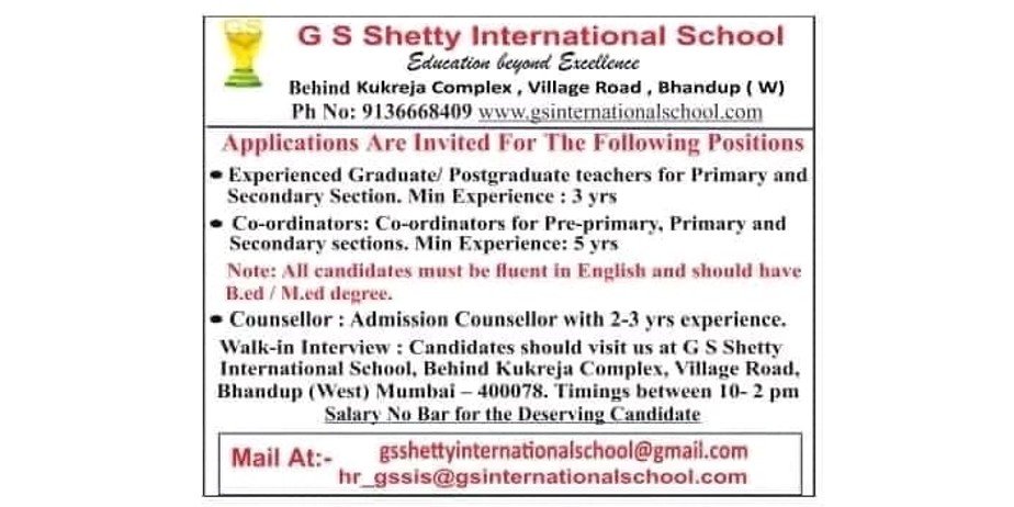 Teacher Job Openings in GS Shetty International School, Bhandup, Mumbai