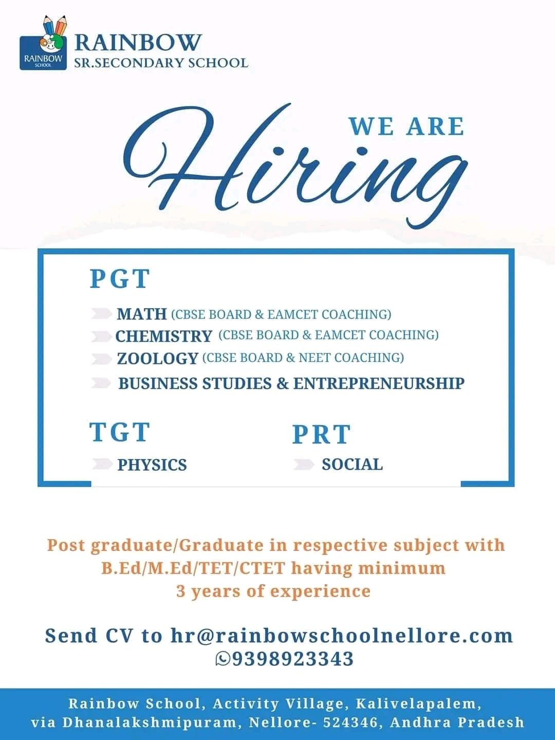 Teachers Job in Rainbow Sr. Secondary School, Nellore, Andhra Pradesh