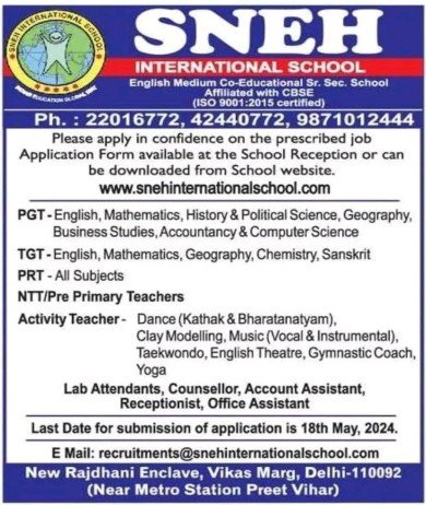 Teachers Job at Sneh International School, Delhi