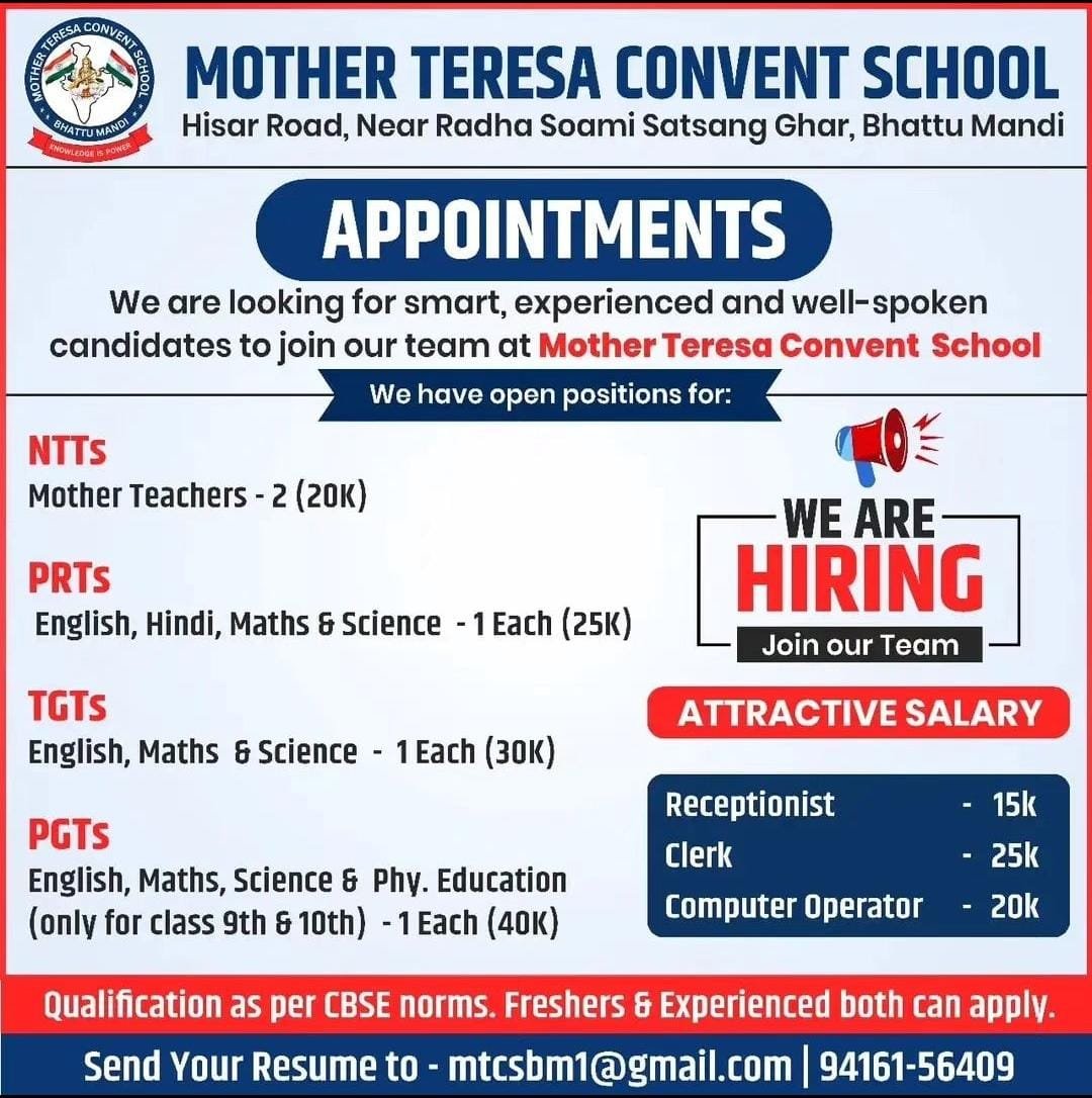 Teacher Job In MOTHER TERESA CONVENT SCHOOL Danapur Patna