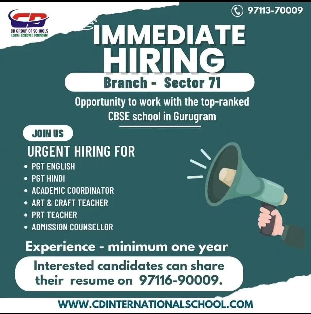 Teachers Job in CD Group Of Schools, Gurugram