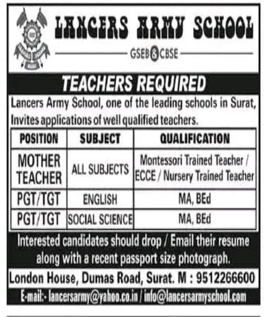 Teachers Job at Lancers Army School, Surat