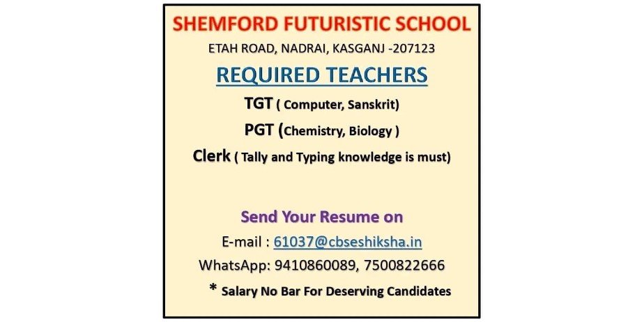 Teachers Job Openings in Shemford Futuristic School, Kasganj, Uttar Pradesh