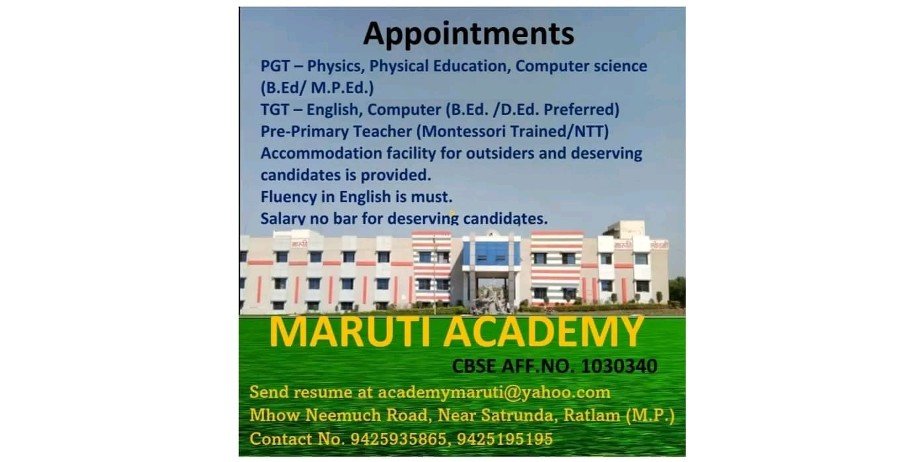 Teachers Job Openings in Maruti Academy, Satrunda, Ratlam (M.P.)