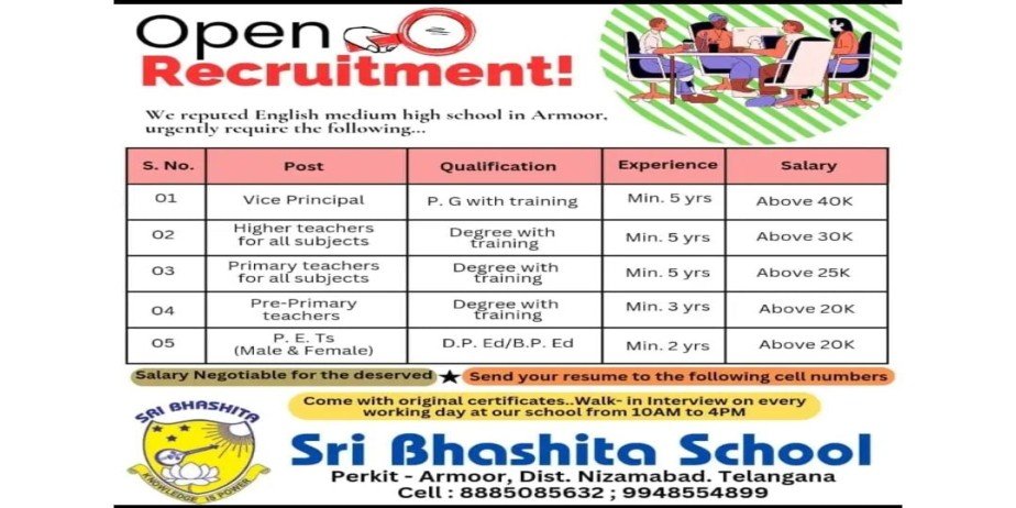 Teachers Job Openings in Sri Bhashita School, Nizamabad, Telangana