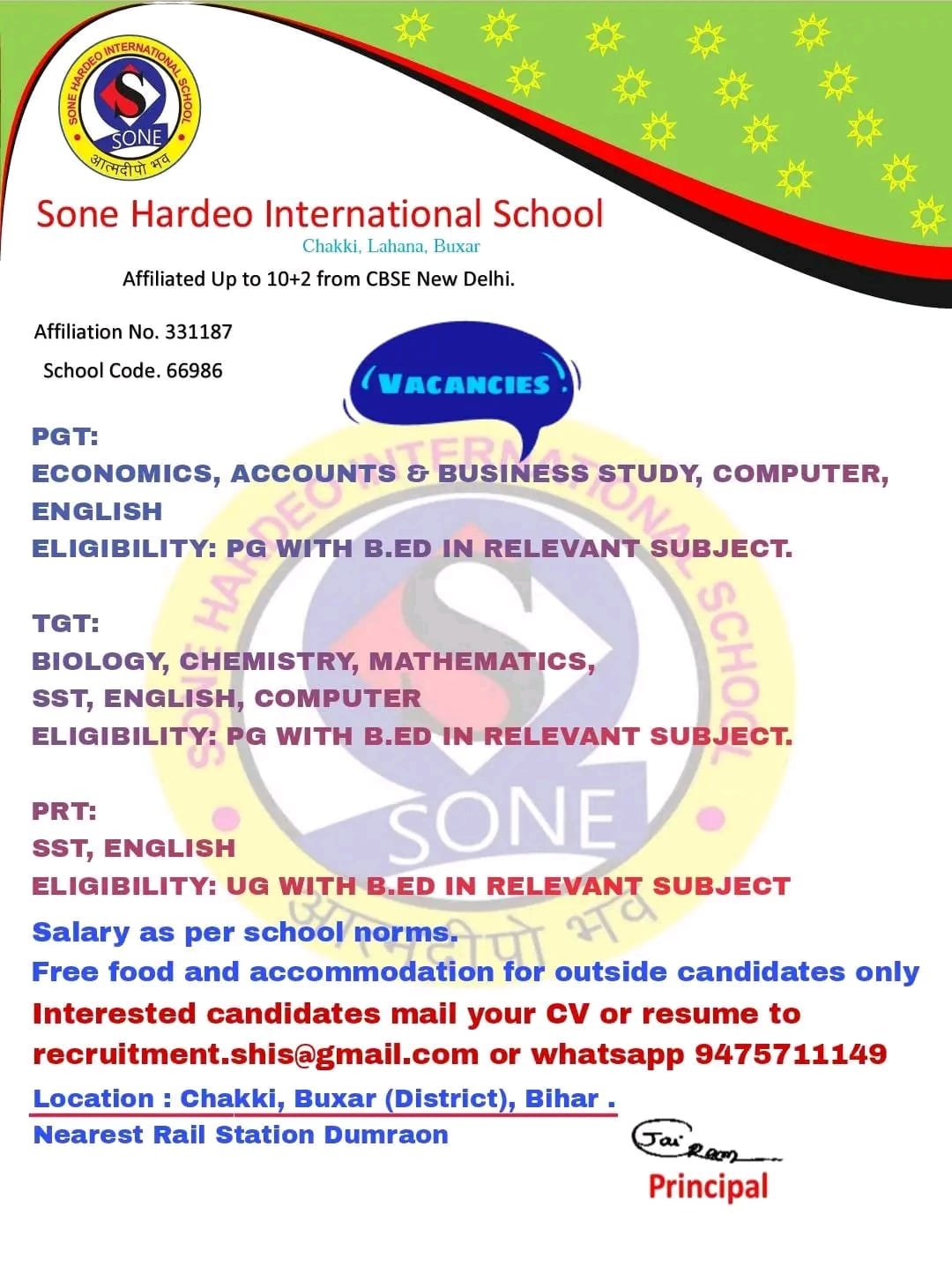 Teacher Hiring Sone Hardeo International School Chakki. Lahana. Buxar