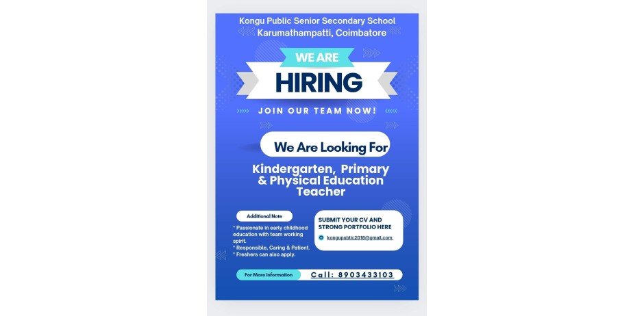 Teacher Job Openings in Kongu Public Senior Secondary School, Coimbatore, Tamil Nadu