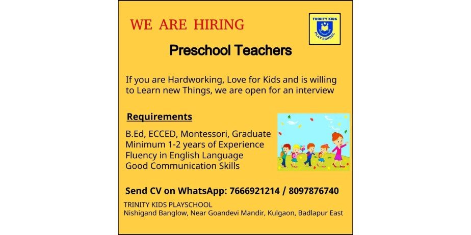 Teachers Job Openings in Trinity Kids Ouldin Playschool, Badlapur, Maharashtra