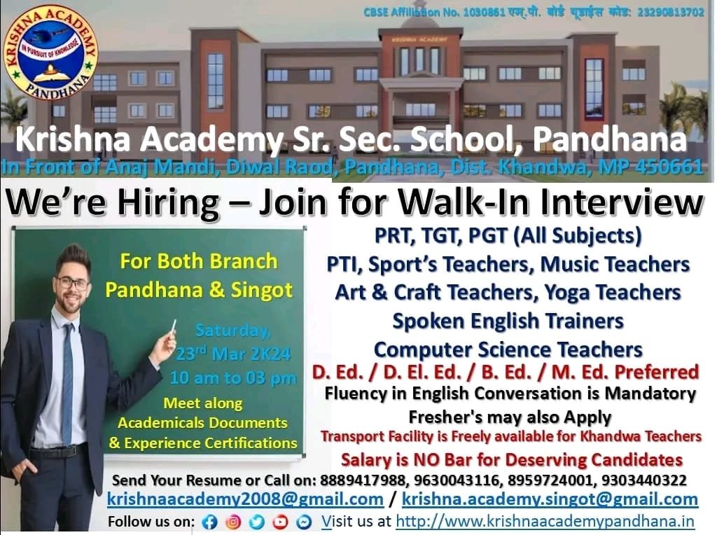 TEACHER JOBS!! in Khandwa, MP at Krishna Academy Sr. Sec. School