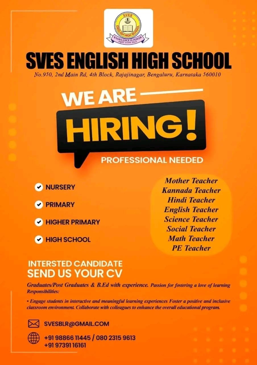 TEACHER JOBS!! in Rajajinagar, Bengaluru at SVES ENGLISH HIGH SCHOOL