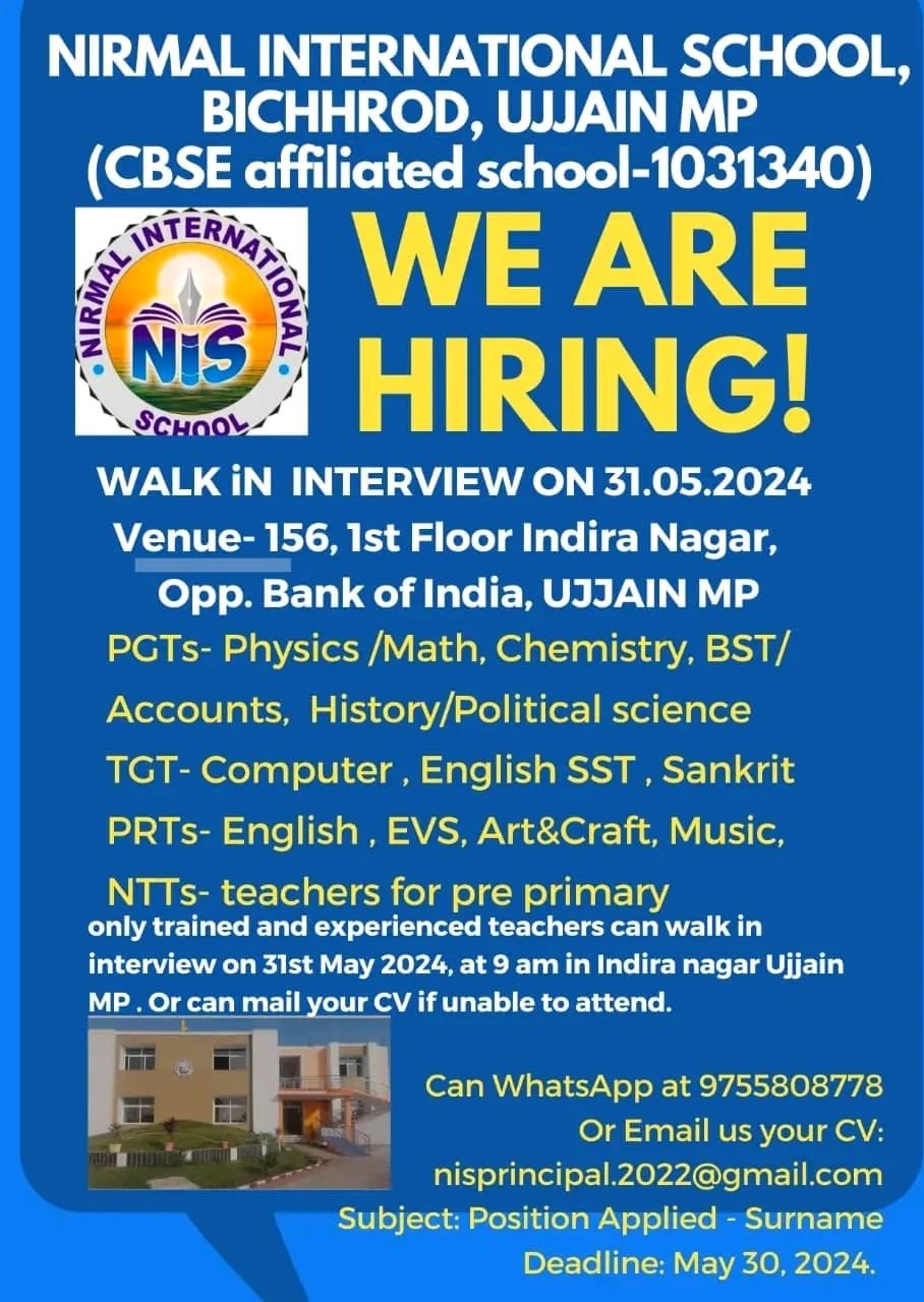 Teacher’s Job At-NIRMAL INTERNATIONAL SCHOOL, BICHHROD, UJJAIN MP
