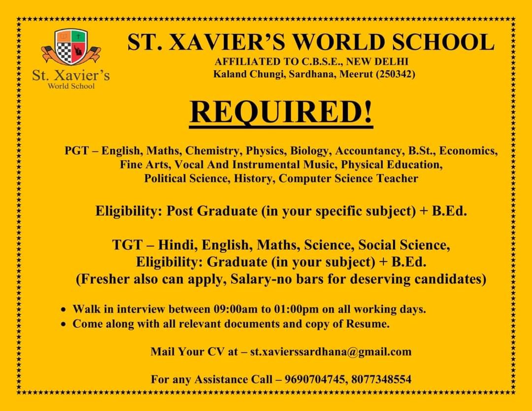 Teacher ‘s Job At- ST. XAVIER’S WORLD SCHOOL , New Delhi
