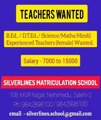 Teachers job at SILVERLINES MATRICULATION SCHOOL, Salem, Tamil Nadu