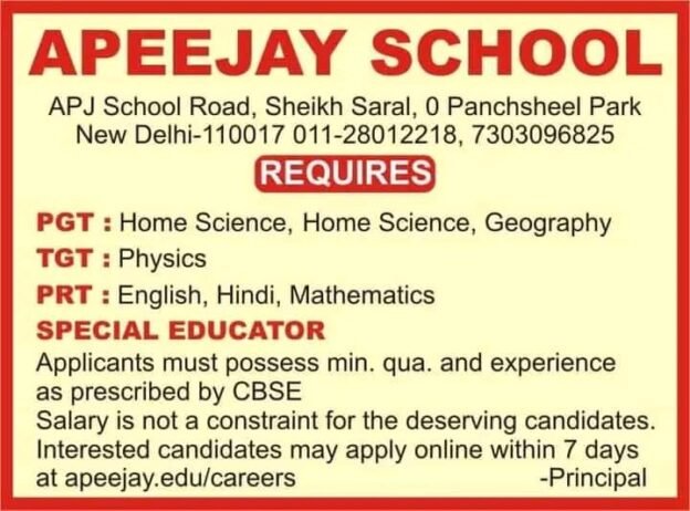 TEACHER JOBS!! in-Sheikh Saral-Delhi at APEEJAY SCHOOL