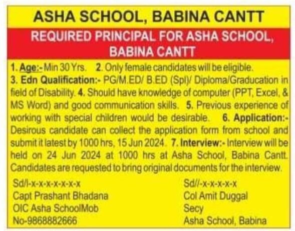 TEACHER JOBS!! in- Babina,Uttar Pradesh. at ASHA SCHOOL