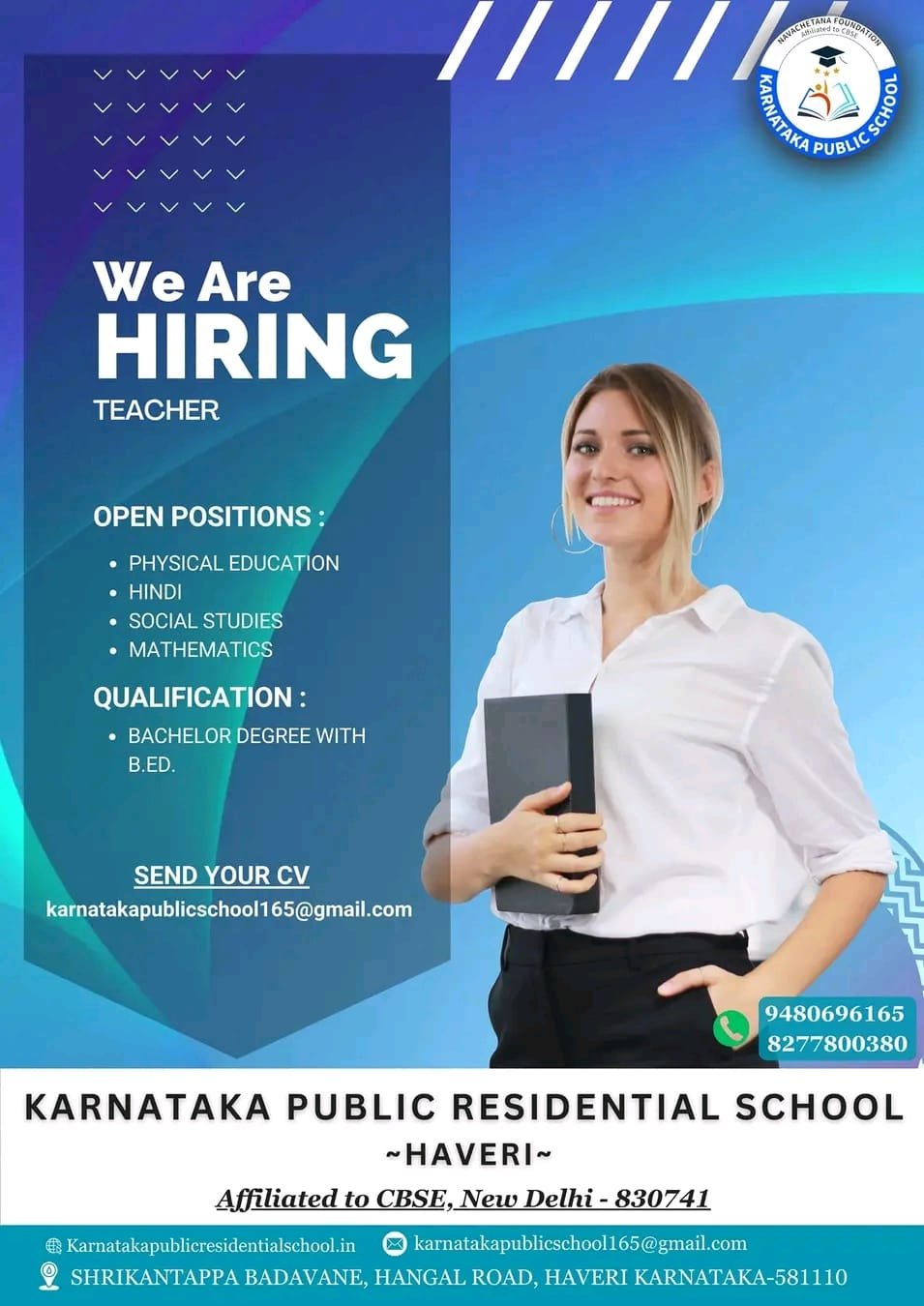 TEACHER JOBS!! in- HAVERI KARNATAKA at KARNATAKA PUBLIC RESIDENTIAL SCHOOL
