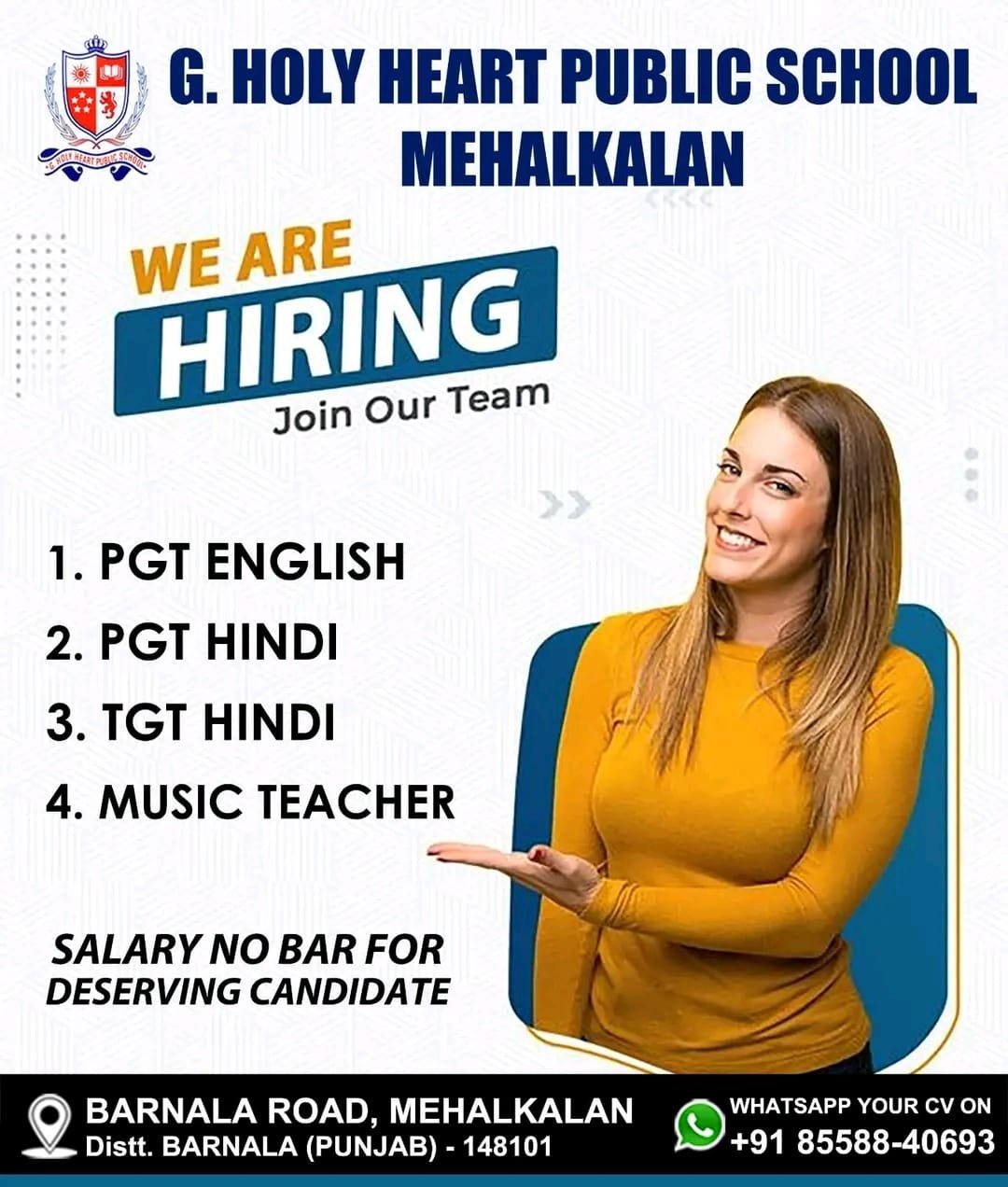 TEACHER JOBS!! in-BARNALA ,PUNJAB at G. HOLY HEART PUBLIC SCHOOL MEHALKALAN