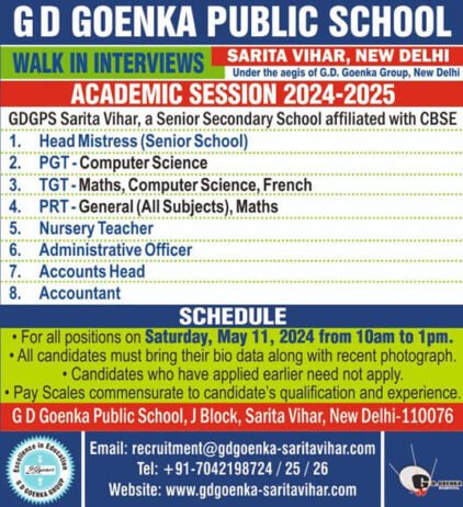 TEACHER JOBS!! in-SARITA VIHAR, NEW DELHI at G D GOENKA PUBLIC SCHOOL