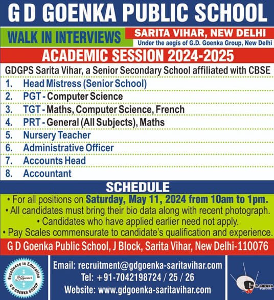 TEACHER JOBS!! in-SARITA VIHAR, NEW DELHI at G D GOENKA PUBLIC SCHOOL