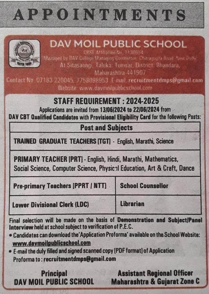 TEACHER JOBS!! in – Bhandara, Maharashtra at DAV MOIL PUBLIC SCHOOL