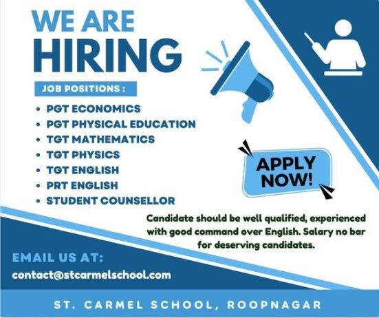TEACHER JOBS!! in – Roopnagar, Punjab at ST. CARMEL SCHOOL