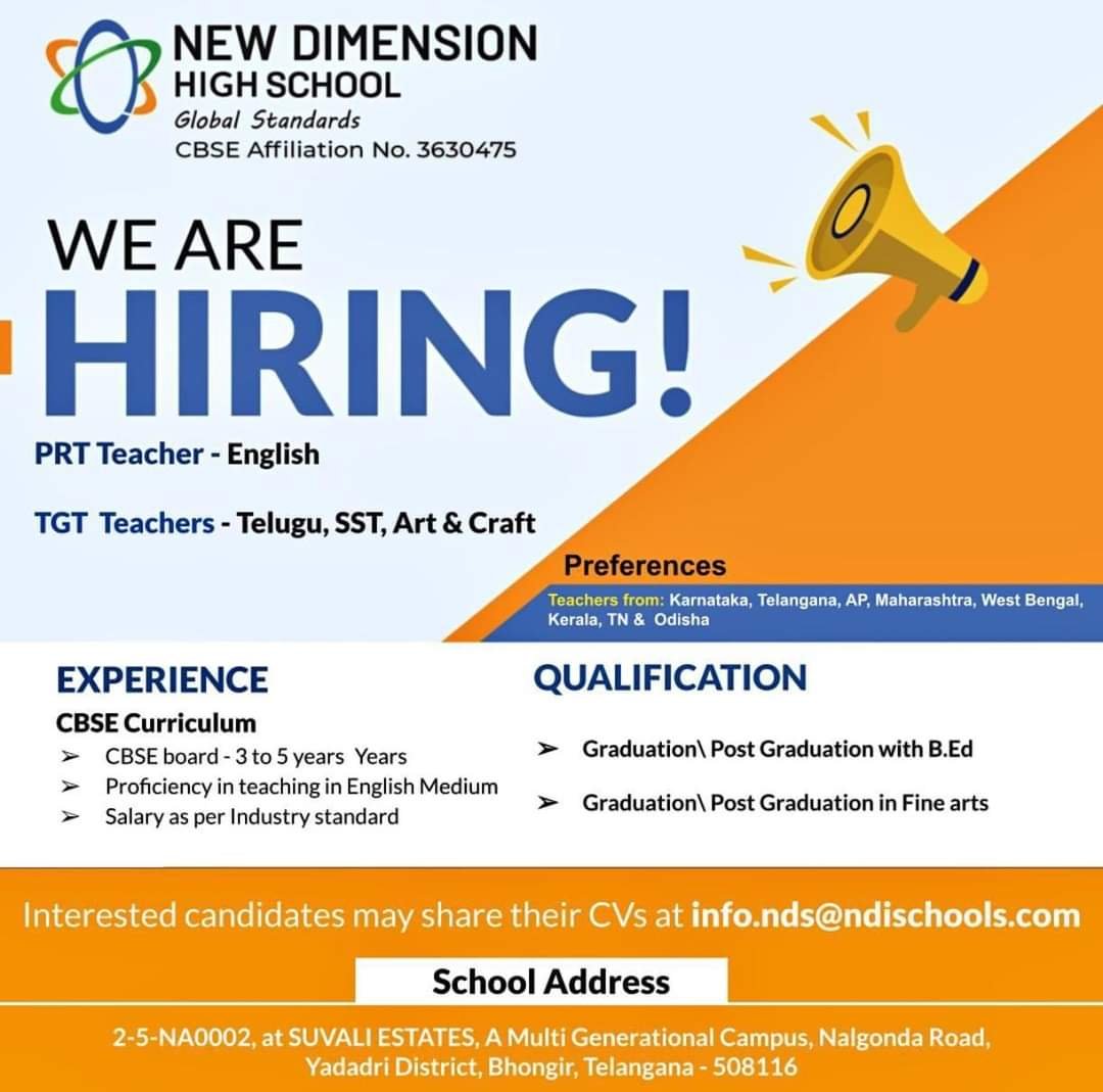 TEACHER JOBS!! in-Bhongir, Telangana at NEW DIMENSION HIGH SCHOOL