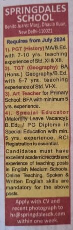 TEACHER JOBS!! in – New Delhi, Delhi at SPRINGDALES SCHOOL