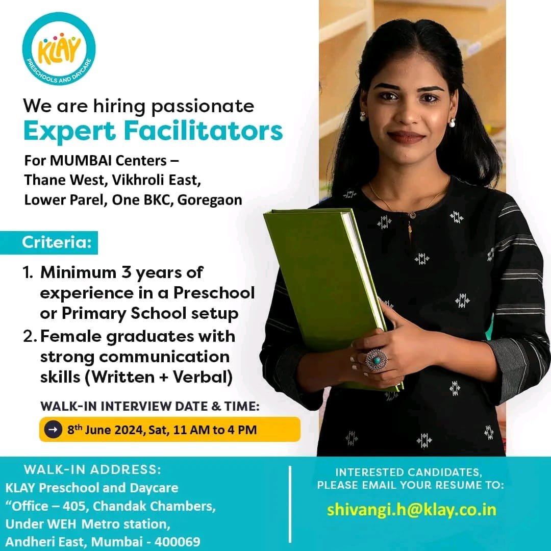TEACHER JOBS!! in-Mumbai, Maharashtra at KLAY Preschool and Daycare