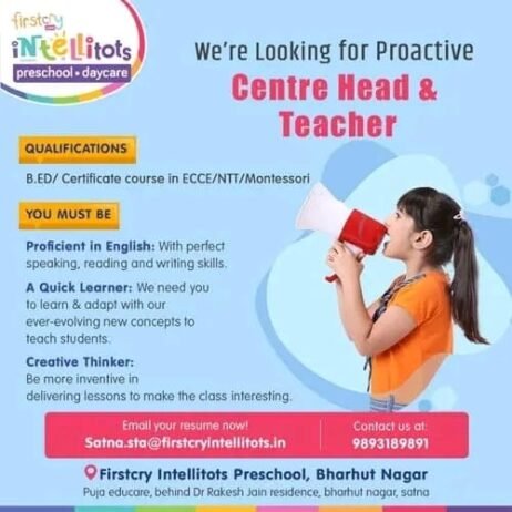 TEACHER JOBS!! in – Satna Madhya Pradesh at firstory iNtelitots preschool daycare