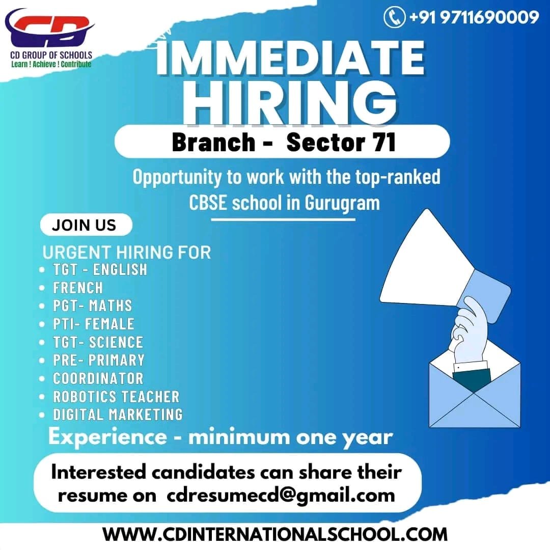 TEACHER JOBS!! in-Gurugram Haryana at CD GROUP OF SCHOOLS